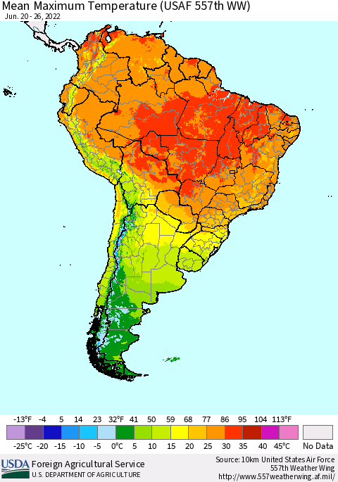 South America Mean Maximum Temperature (USAF 557th WW) Thematic Map For 6/20/2022 - 6/26/2022