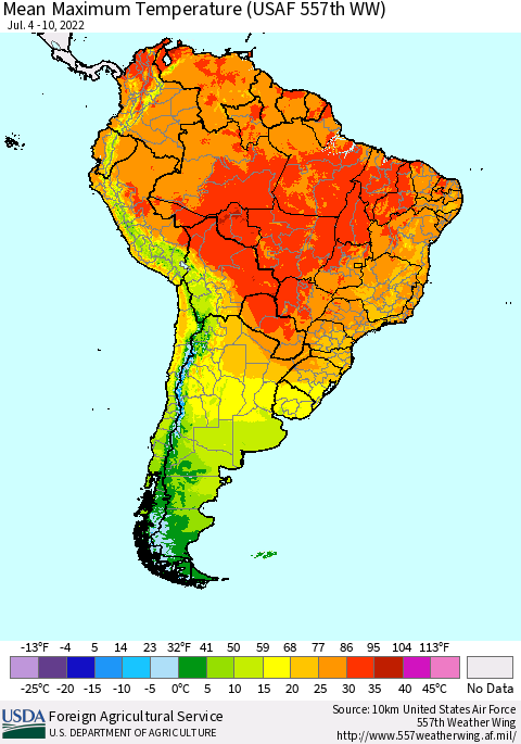 South America Mean Maximum Temperature (USAF 557th WW) Thematic Map For 7/4/2022 - 7/10/2022