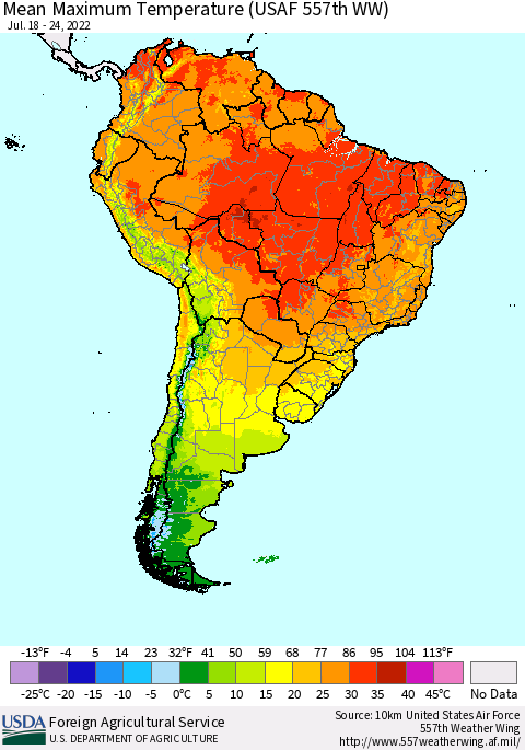 South America Mean Maximum Temperature (USAF 557th WW) Thematic Map For 7/18/2022 - 7/24/2022