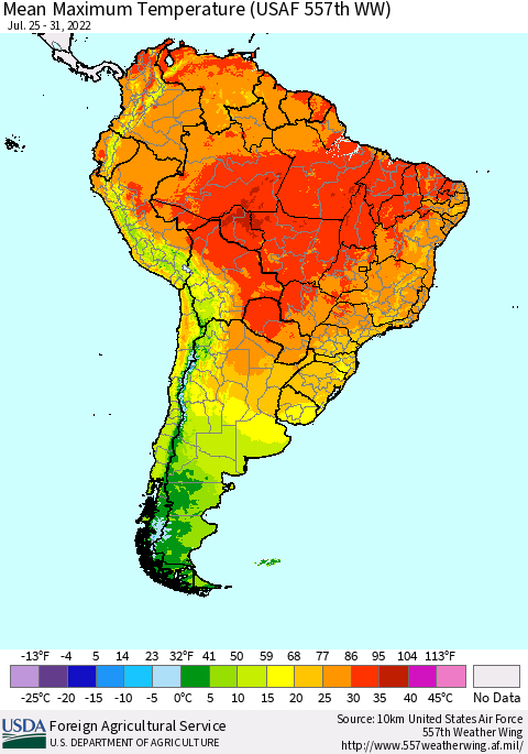 South America Mean Maximum Temperature (USAF 557th WW) Thematic Map For 7/25/2022 - 7/31/2022