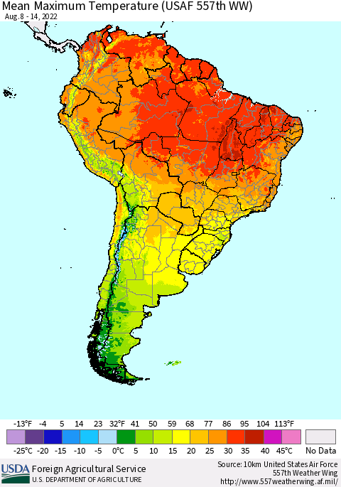 South America Mean Maximum Temperature (USAF 557th WW) Thematic Map For 8/8/2022 - 8/14/2022