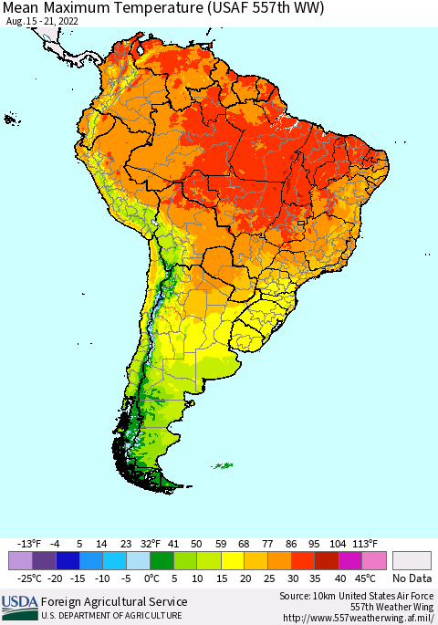 South America Mean Maximum Temperature (USAF 557th WW) Thematic Map For 8/15/2022 - 8/21/2022
