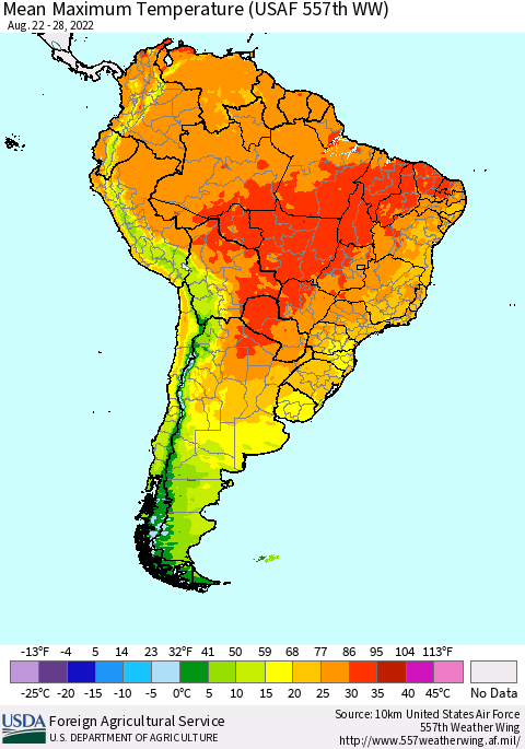South America Mean Maximum Temperature (USAF 557th WW) Thematic Map For 8/22/2022 - 8/28/2022