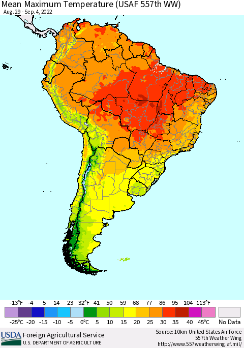 South America Mean Maximum Temperature (USAF 557th WW) Thematic Map For 8/29/2022 - 9/4/2022