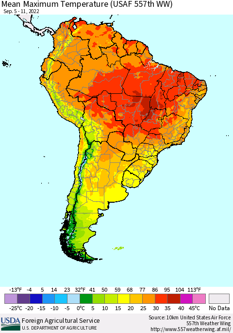 South America Mean Maximum Temperature (USAF 557th WW) Thematic Map For 9/5/2022 - 9/11/2022