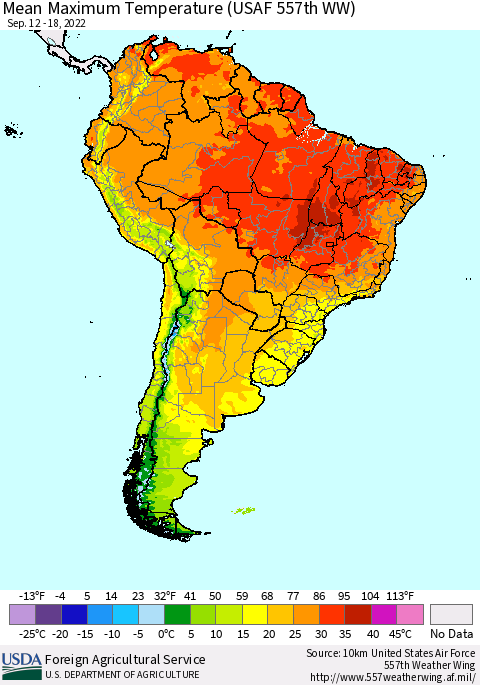 South America Mean Maximum Temperature (USAF 557th WW) Thematic Map For 9/12/2022 - 9/18/2022