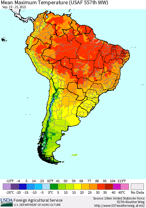 South America Mean Maximum Temperature (USAF 557th WW) Thematic Map For 9/19/2022 - 9/25/2022