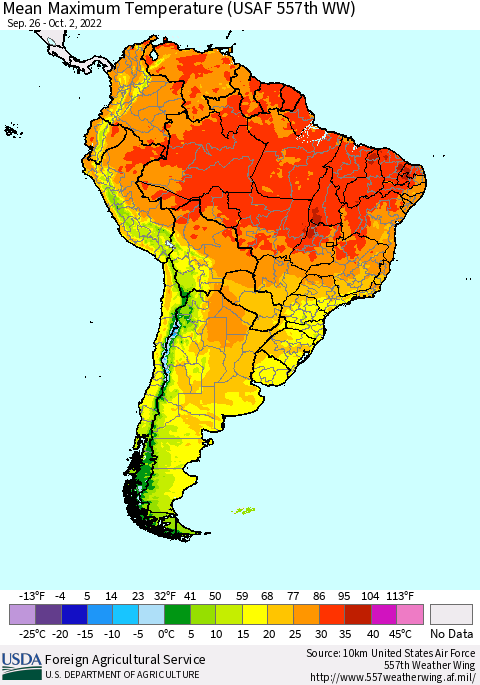South America Mean Maximum Temperature (USAF 557th WW) Thematic Map For 9/26/2022 - 10/2/2022