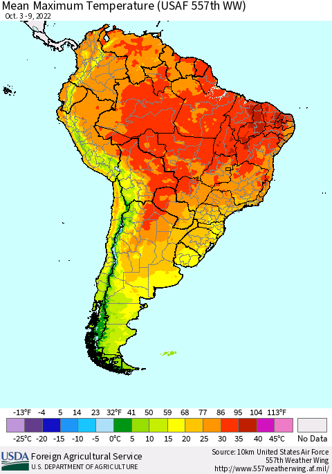 South America Mean Maximum Temperature (USAF 557th WW) Thematic Map For 10/3/2022 - 10/9/2022