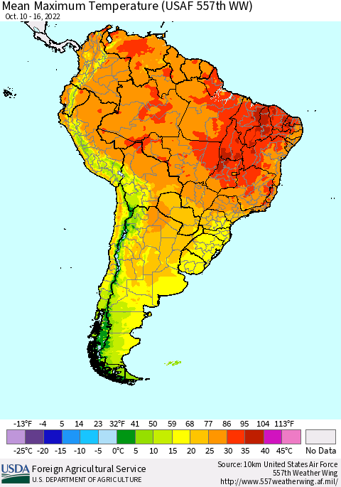 South America Mean Maximum Temperature (USAF 557th WW) Thematic Map For 10/10/2022 - 10/16/2022