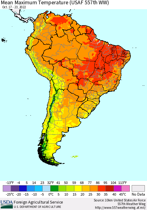 South America Mean Maximum Temperature (USAF 557th WW) Thematic Map For 10/17/2022 - 10/23/2022