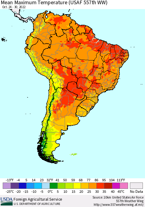 South America Mean Maximum Temperature (USAF 557th WW) Thematic Map For 10/24/2022 - 10/30/2022