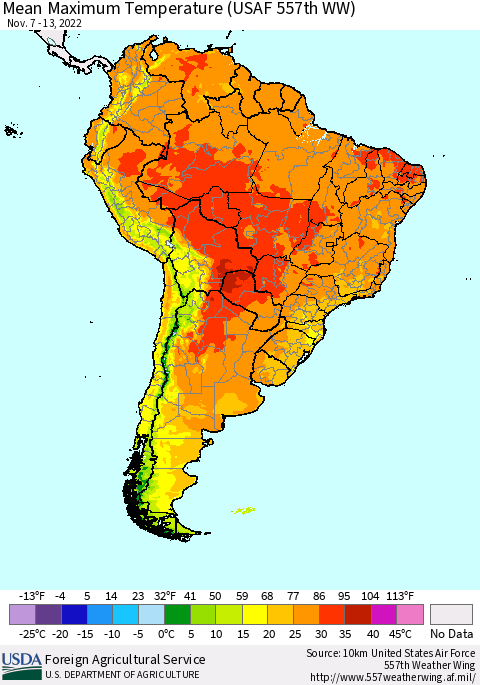 South America Mean Maximum Temperature (USAF 557th WW) Thematic Map For 11/7/2022 - 11/13/2022
