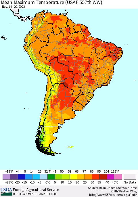 South America Mean Maximum Temperature (USAF 557th WW) Thematic Map For 11/14/2022 - 11/20/2022