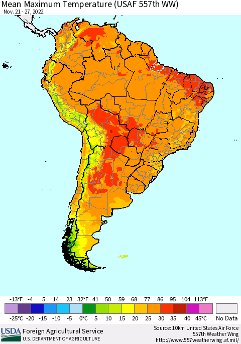 South America Mean Maximum Temperature (USAF 557th WW) Thematic Map For 11/21/2022 - 11/27/2022