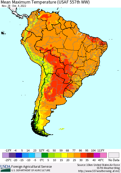 South America Mean Maximum Temperature (USAF 557th WW) Thematic Map For 11/28/2022 - 12/4/2022