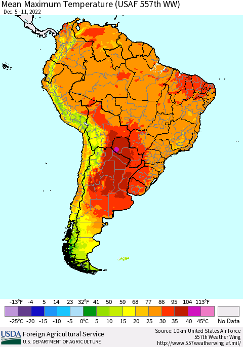 South America Mean Maximum Temperature (USAF 557th WW) Thematic Map For 12/5/2022 - 12/11/2022