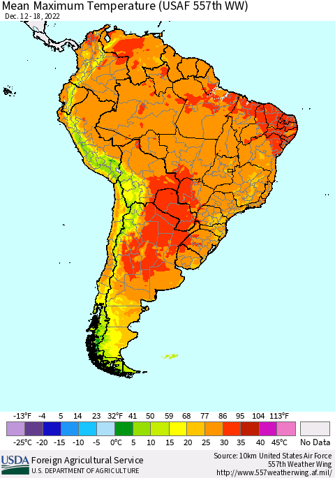 South America Mean Maximum Temperature (USAF 557th WW) Thematic Map For 12/12/2022 - 12/18/2022