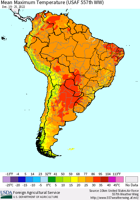 South America Mean Maximum Temperature (USAF 557th WW) Thematic Map For 12/19/2022 - 12/25/2022