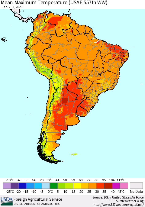 South America Mean Maximum Temperature (USAF 557th WW) Thematic Map For 1/2/2023 - 1/8/2023
