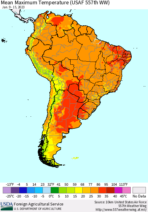 South America Mean Maximum Temperature (USAF 557th WW) Thematic Map For 1/9/2023 - 1/15/2023