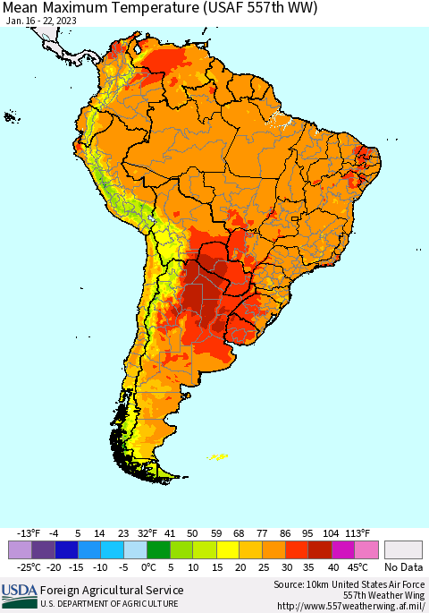 South America Mean Maximum Temperature (USAF 557th WW) Thematic Map For 1/16/2023 - 1/22/2023