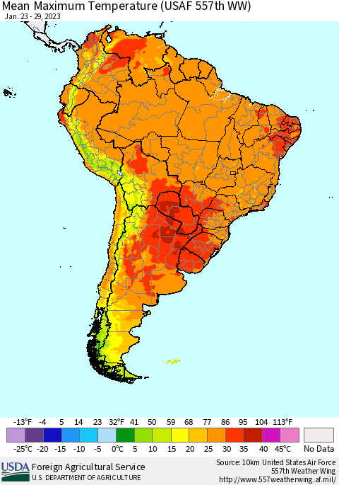South America Mean Maximum Temperature (USAF 557th WW) Thematic Map For 1/23/2023 - 1/29/2023