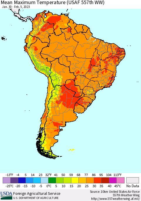 South America Mean Maximum Temperature (USAF 557th WW) Thematic Map For 1/30/2023 - 2/5/2023