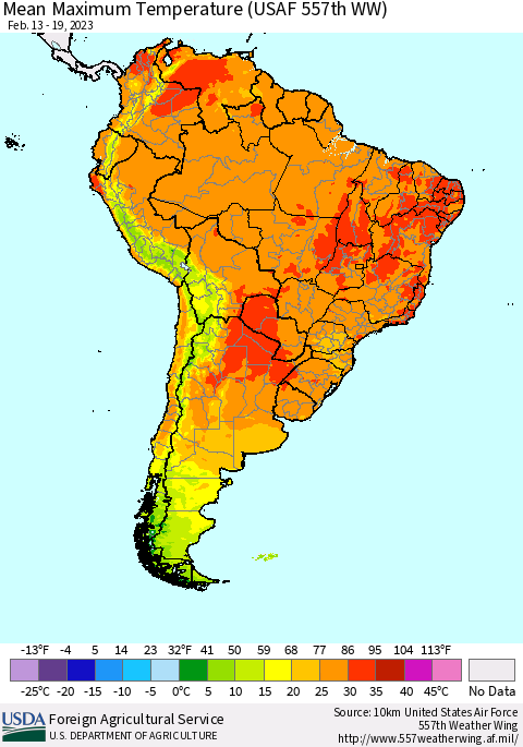 South America Mean Maximum Temperature (USAF 557th WW) Thematic Map For 2/13/2023 - 2/19/2023