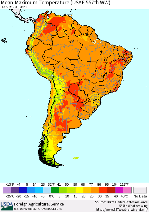 South America Mean Maximum Temperature (USAF 557th WW) Thematic Map For 2/20/2023 - 2/26/2023