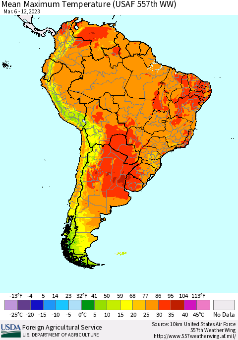 South America Mean Maximum Temperature (USAF 557th WW) Thematic Map For 3/6/2023 - 3/12/2023
