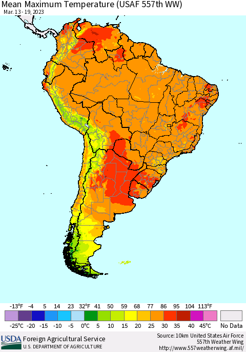 South America Mean Maximum Temperature (USAF 557th WW) Thematic Map For 3/13/2023 - 3/19/2023