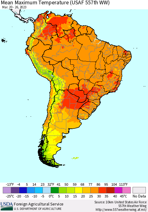 South America Mean Maximum Temperature (USAF 557th WW) Thematic Map For 3/20/2023 - 3/26/2023