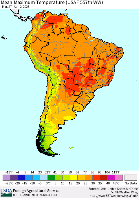South America Mean Maximum Temperature (USAF 557th WW) Thematic Map For 3/27/2023 - 4/2/2023