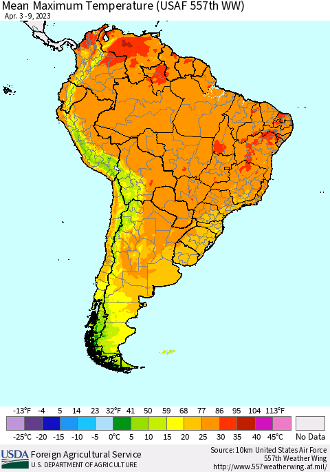 South America Mean Maximum Temperature (USAF 557th WW) Thematic Map For 4/3/2023 - 4/9/2023