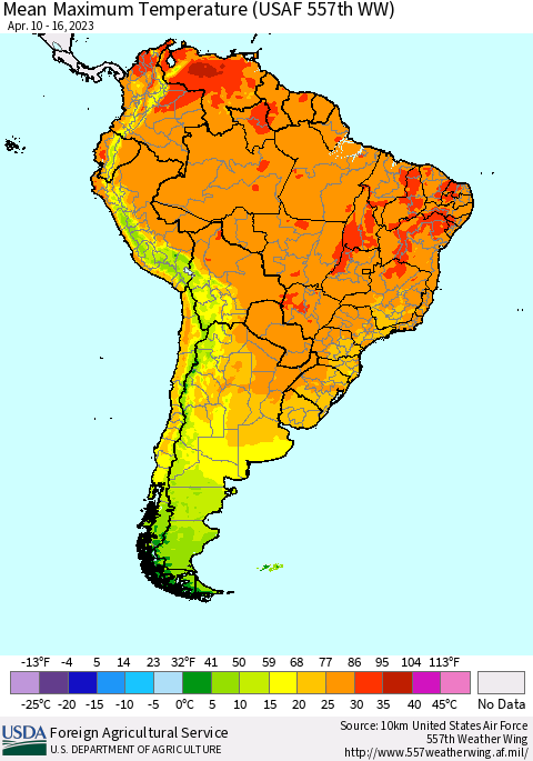South America Mean Maximum Temperature (USAF 557th WW) Thematic Map For 4/10/2023 - 4/16/2023