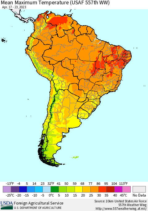 South America Mean Maximum Temperature (USAF 557th WW) Thematic Map For 4/17/2023 - 4/23/2023