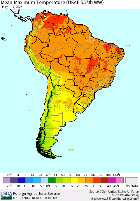 South America Mean Maximum Temperature (USAF 557th WW) Thematic Map For 5/1/2023 - 5/7/2023