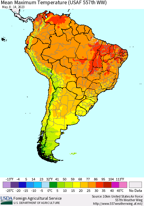 South America Mean Maximum Temperature (USAF 557th WW) Thematic Map For 5/8/2023 - 5/14/2023