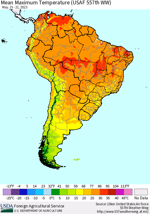 South America Mean Maximum Temperature (USAF 557th WW) Thematic Map For 5/15/2023 - 5/21/2023
