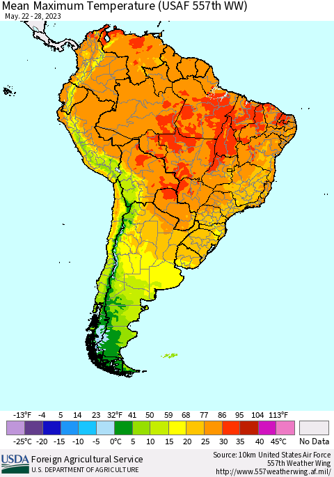 South America Mean Maximum Temperature (USAF 557th WW) Thematic Map For 5/22/2023 - 5/28/2023