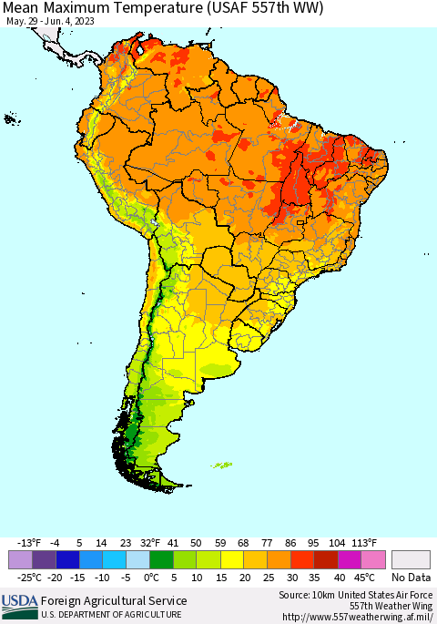 South America Mean Maximum Temperature (USAF 557th WW) Thematic Map For 5/29/2023 - 6/4/2023