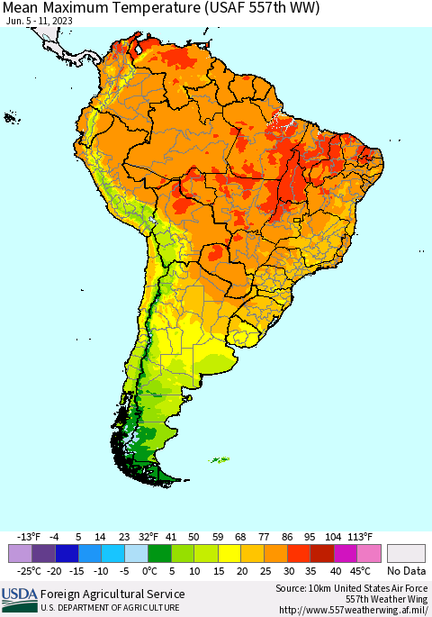 South America Mean Maximum Temperature (USAF 557th WW) Thematic Map For 6/5/2023 - 6/11/2023