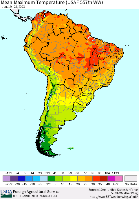 South America Mean Maximum Temperature (USAF 557th WW) Thematic Map For 6/19/2023 - 6/25/2023