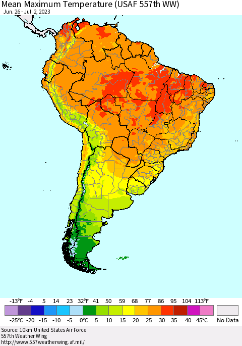 South America Mean Maximum Temperature (USAF 557th WW) Thematic Map For 6/26/2023 - 7/2/2023