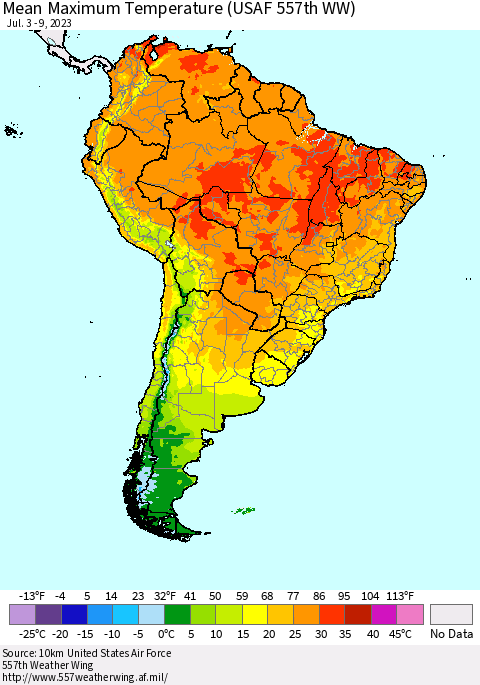 South America Mean Maximum Temperature (USAF 557th WW) Thematic Map For 7/3/2023 - 7/9/2023