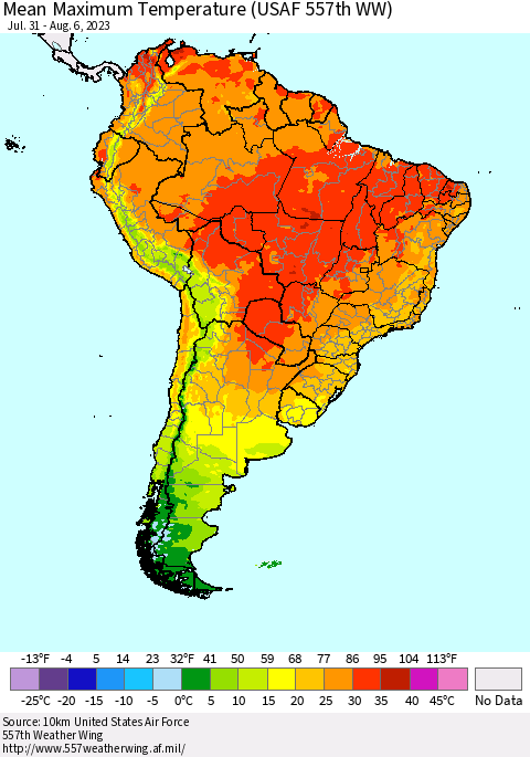 South America Mean Maximum Temperature (USAF 557th WW) Thematic Map For 7/31/2023 - 8/6/2023
