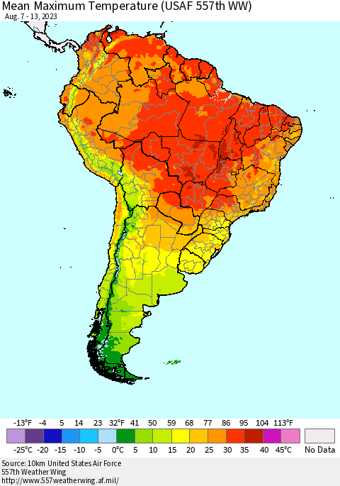 South America Mean Maximum Temperature (USAF 557th WW) Thematic Map For 8/7/2023 - 8/13/2023