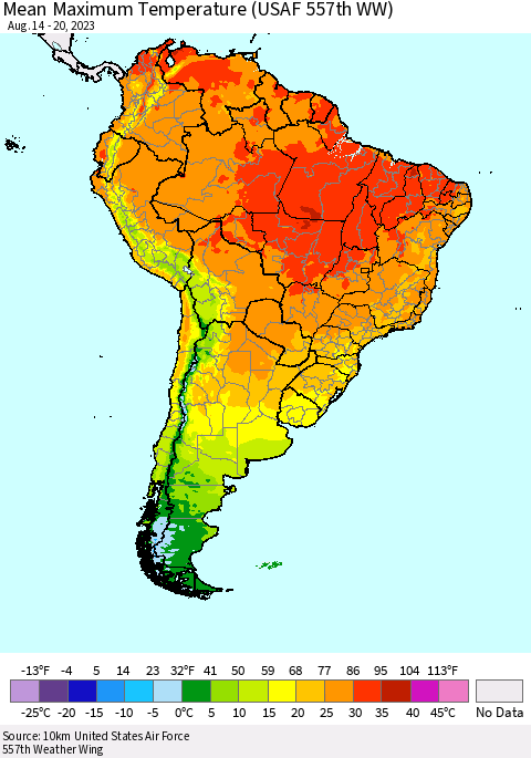 South America Mean Maximum Temperature (USAF 557th WW) Thematic Map For 8/14/2023 - 8/20/2023