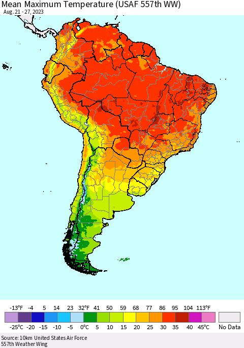 South America Mean Maximum Temperature (USAF 557th WW) Thematic Map For 8/21/2023 - 8/27/2023